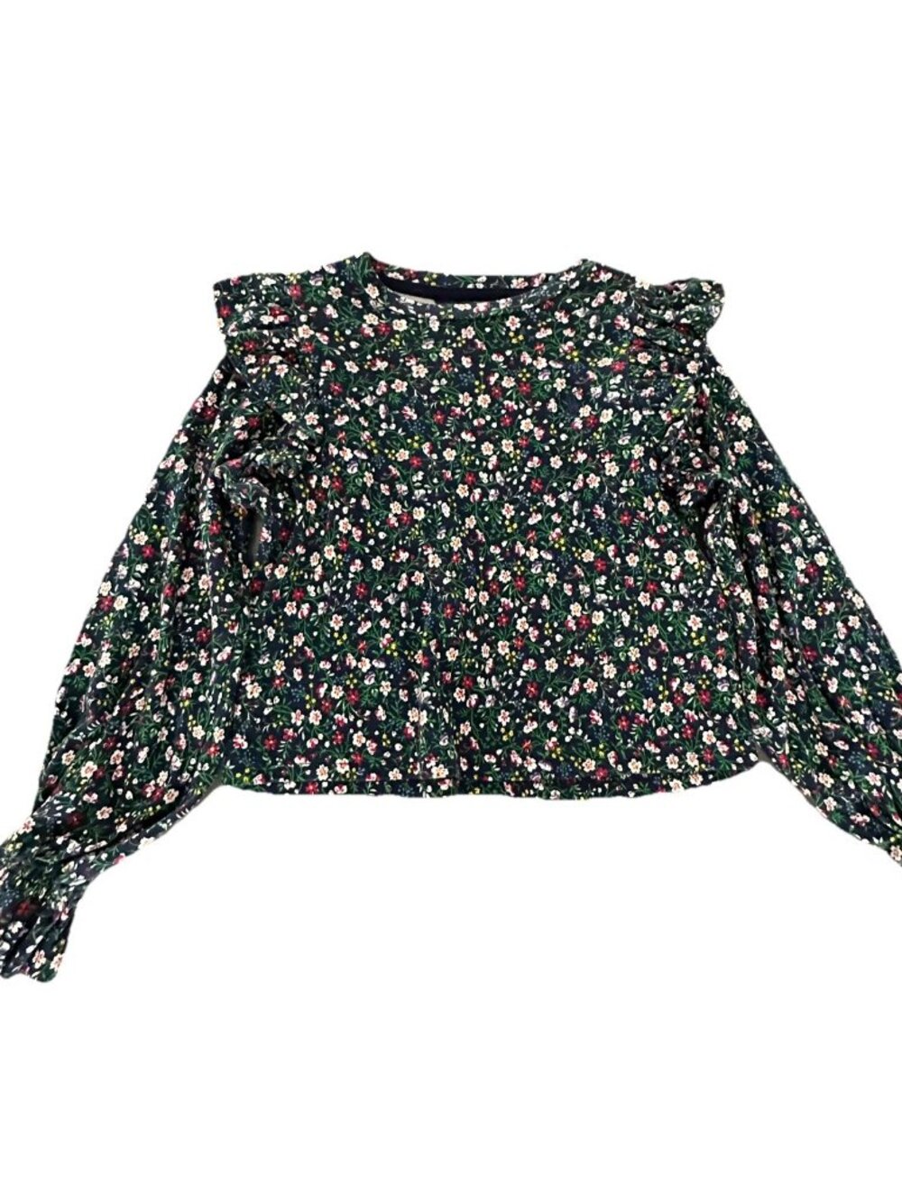 Polo Ralph Lauren Girls Floral Blue Ruffled Cotton Modal Long Sleeve Top Size 7